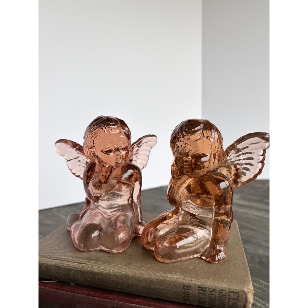 Vintage Pink Pressed Glass Cherub Angel Figurines 2 Statues Candle Holder